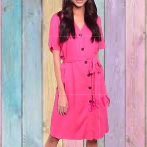 Tea & Cup Fuchsia Pink Lined Button Down Tie Waisted Dress NWT